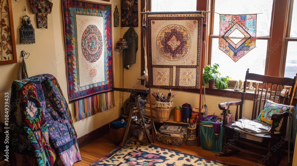 Poster a cozy room with an elaborate needlepoint setup including hoops, threads, and patterns