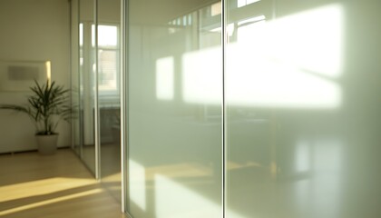 Modern office space with glass partitions.