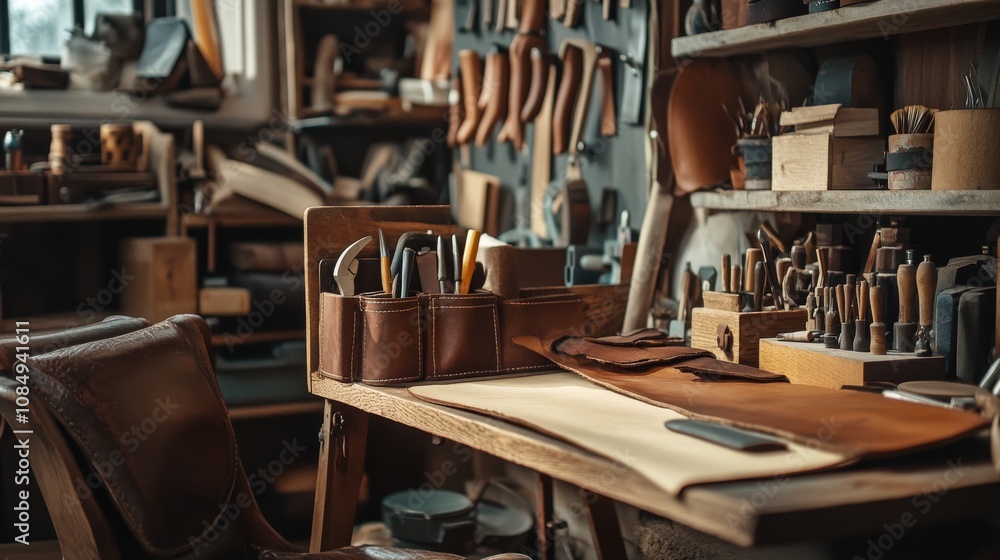 Poster a cozy workshop with tools for creating handmade leather goods, including hides, tools