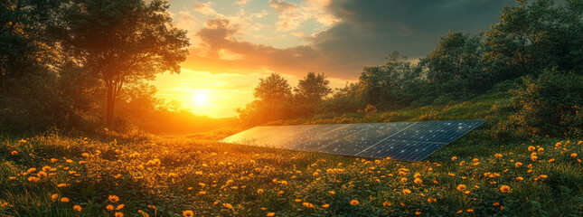 Obraz premium Solar panels in a lush field with AI sensors optimizing energy output.