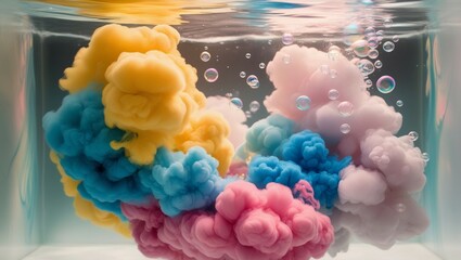 Obraz premium Vibrant Abstract Art: Swirling Yellow, Blue, and Pink Ink with White Bubbles Creating a Marbled Underwater Effect