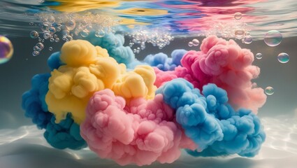Obraz premium Vibrant Abstract Art: Swirling Yellow, Blue, and Pink Ink with White Bubbles Creating a Marbled Underwater Effect