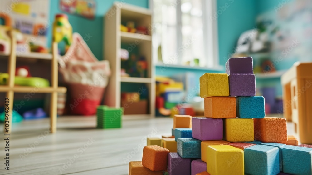 Poster a creative block-building scene in a vibrant playroom, colorful blocks stacked artistically, playful