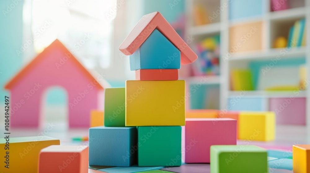 Poster a creative block-building scene in a vibrant playroom, colorful blocks stacked artistically, playful