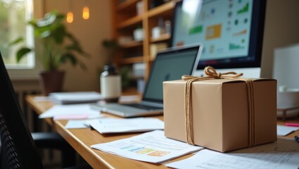 Small Cardboard Box Tied with Twine on a Desk with Laptops and Documents, Small Business Concept, Cardboard Parcel Box of Product For Deliver To Customer