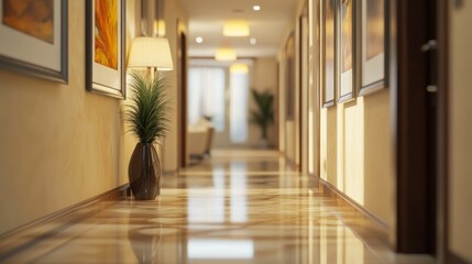 A Long Hallway with a Lamp, Plant, and Paintings