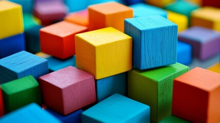 A creative block-building setup with artistically arranged colorful bricks, Contemporary construction style, photo of