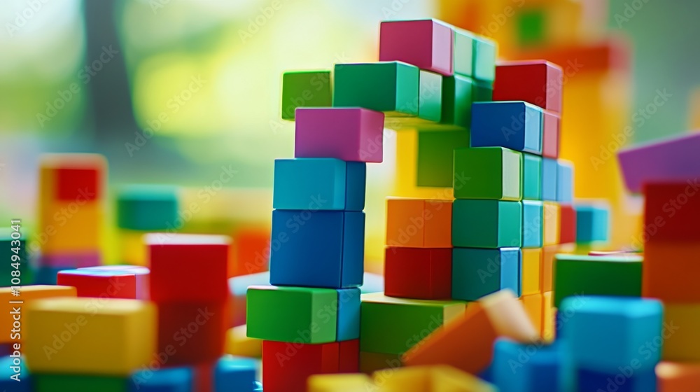 Poster A creative block-building setup with colorful bricks arranged artistically, Contemporary construction style, photo of