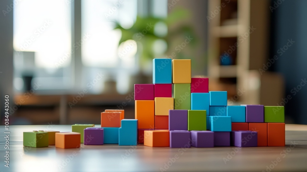Poster A creative block-building setup with colorful bricks arranged artistically, Contemporary construction style, photo of