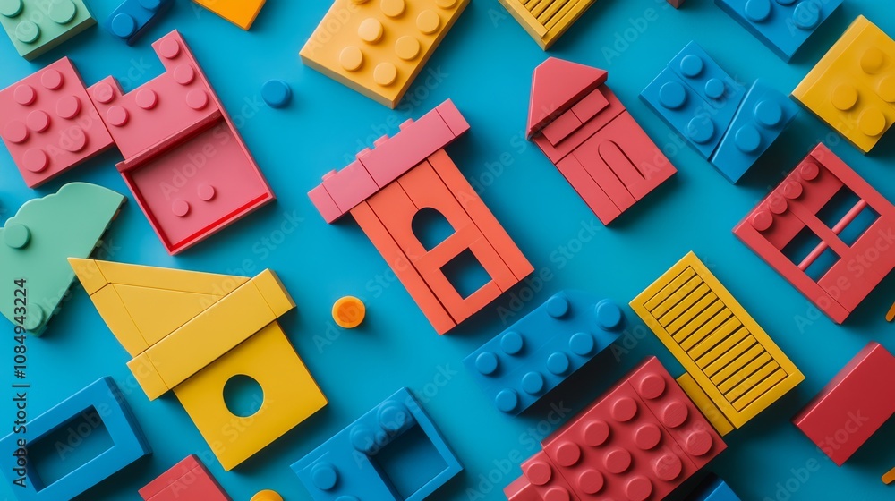 Poster A creative building blocks scene in a children's playroom, Blocks arranged in a whimsical pattern, Playful imagination style