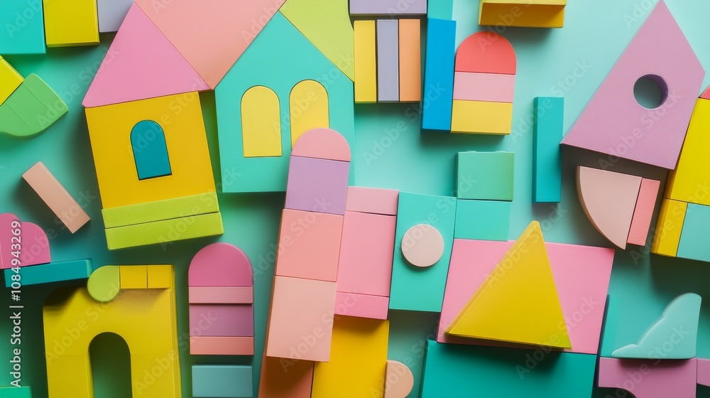 Poster A creative building blocks scene in a children's playroom, Blocks arranged in a whimsical pattern, Playful imagination style