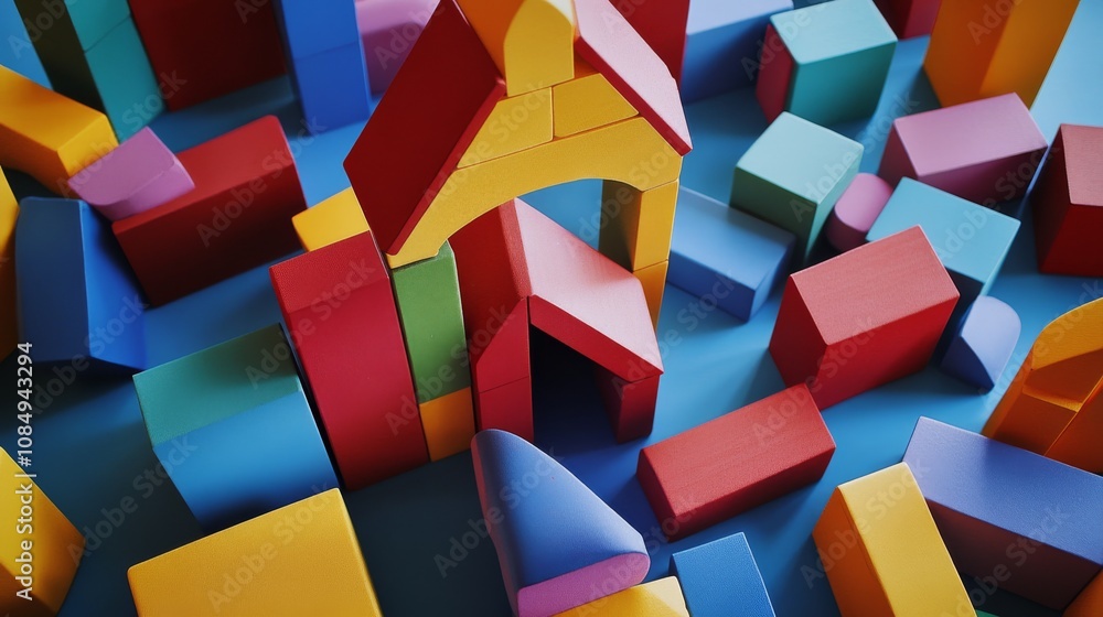 Poster A creative building blocks scene in a children's playroom, Blocks arranged in a whimsical pattern, Playful imagination style