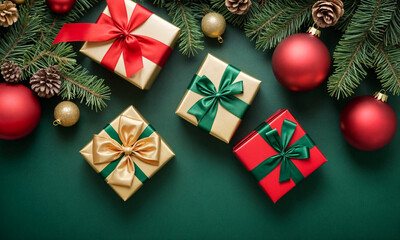 Season's greetings scene. Top-view of boxes tied with bows, Christmas decorations, balls, rustic star, holly berries, frosty spruce branches, confetti on green backdrop, perfect for messages or promo