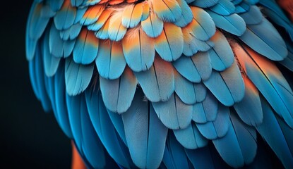 Obraz premium The feathers of a bird are shown in full color, with a blue and orange hue