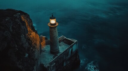 A lone lighthouse stands on a cliff overlooking the dark ocean at night.