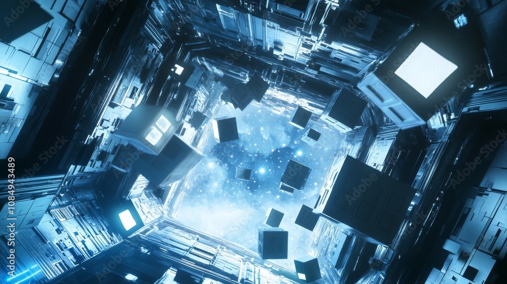 Poster a creative building blocks scene in a futuristic space station, blocks arranged in zero gravity, spa