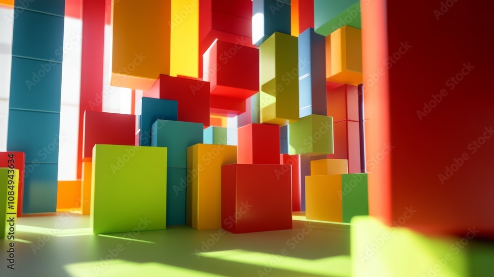 Poster A creative building blocks scene in a modern architectural studio, Blocks arranged in a futuristic design, Architectural creativity style