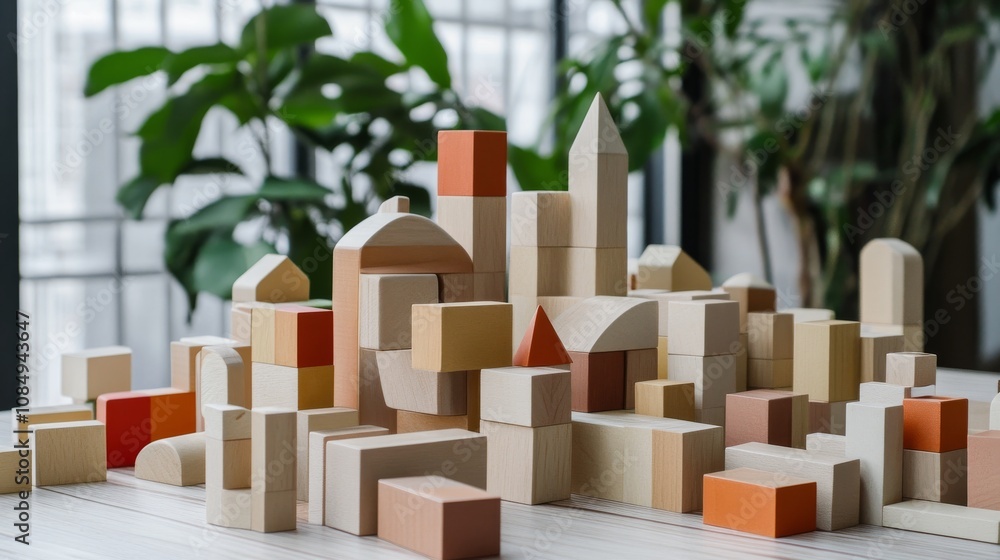 Poster A creative building blocks scene in a modern architectural studio, Blocks arranged in a futuristic design, Architectural creativity style