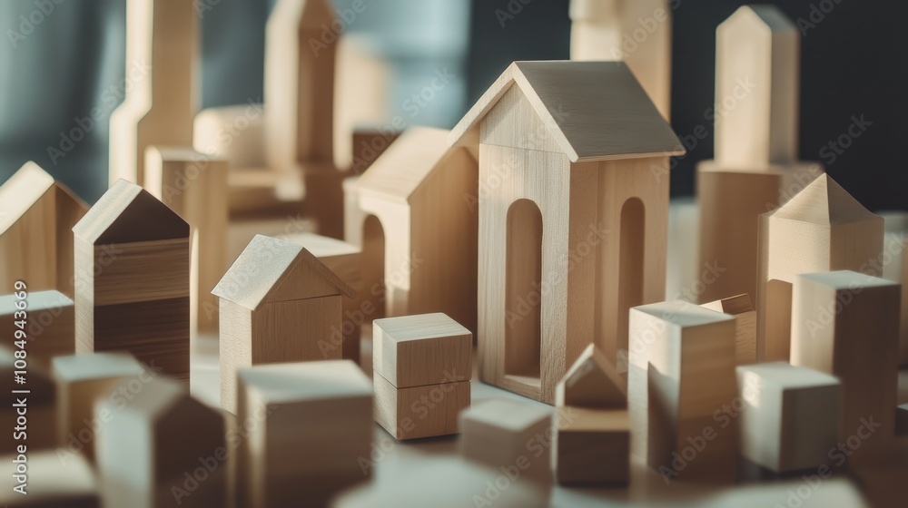 Poster a creative building blocks scene in a modern architectural studio, blocks arranged in a futuristic d