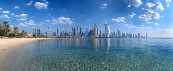 Fototapeta premium A city skyline is reflected in the water