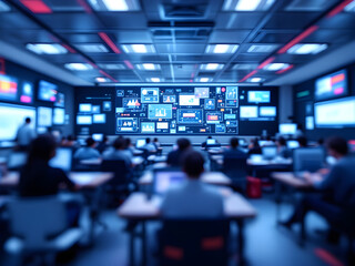 Fototapeta premium A modern, high tech classroom filled with screens displaying various educational content. The room should blur into abstract pixels, leaving the screens in focus.