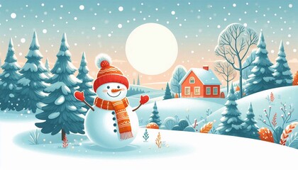 Obraz premium Winter Illustration with Snowman and Classic House