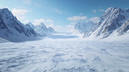 Fototapeta premium A breathtaking view of a snowy landscape featuring majestic mountains and a vast glacier under a clear blue sky.