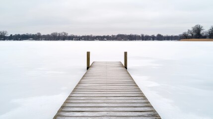 Naklejka premium A serene winter scene featuring a snow-covered dock extending into a frozen lake, surrounded by a tranquil, wintry landscape.