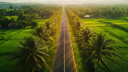Obraz premium Rice fields are bordered by coconut trees