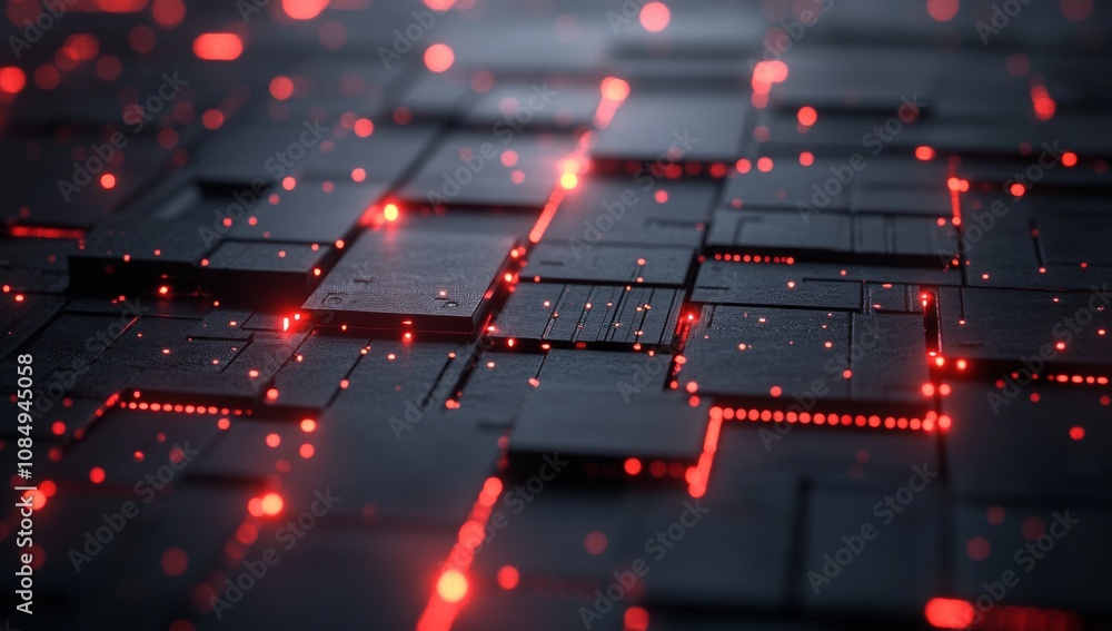 Poster a close up of a computer chip with red lights
