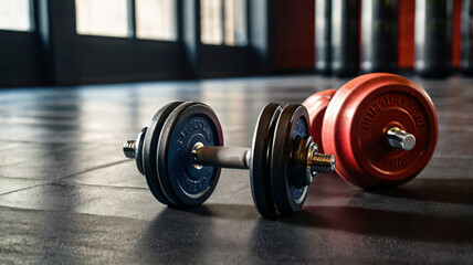 Dumbbells on a Gym Floor - Fitness Equipment Close-Up