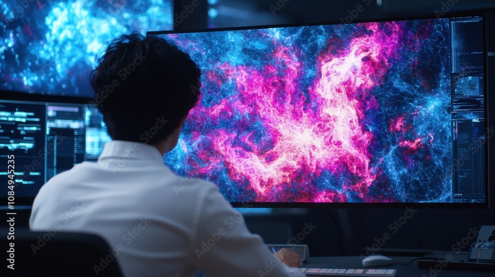 Poster exploring cosmic visuals data analysis in a high-tech environment sci-fi concept futuristic viewpoin