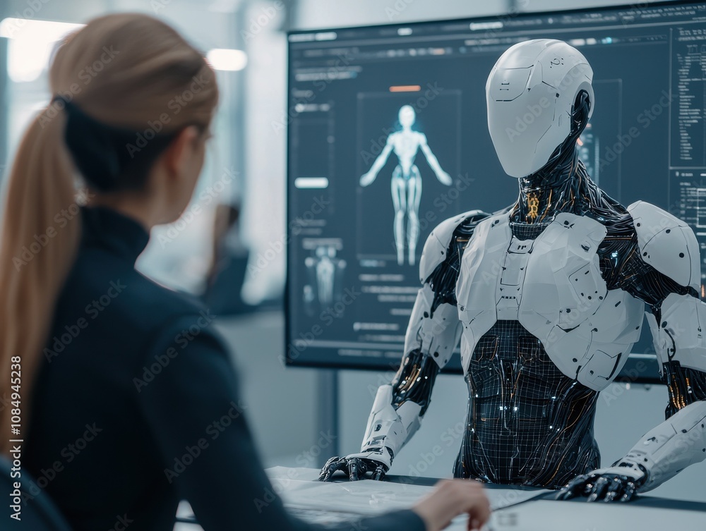 Poster exploring human-robot interaction tech lab digital art showcase modern workspace close-up view innov