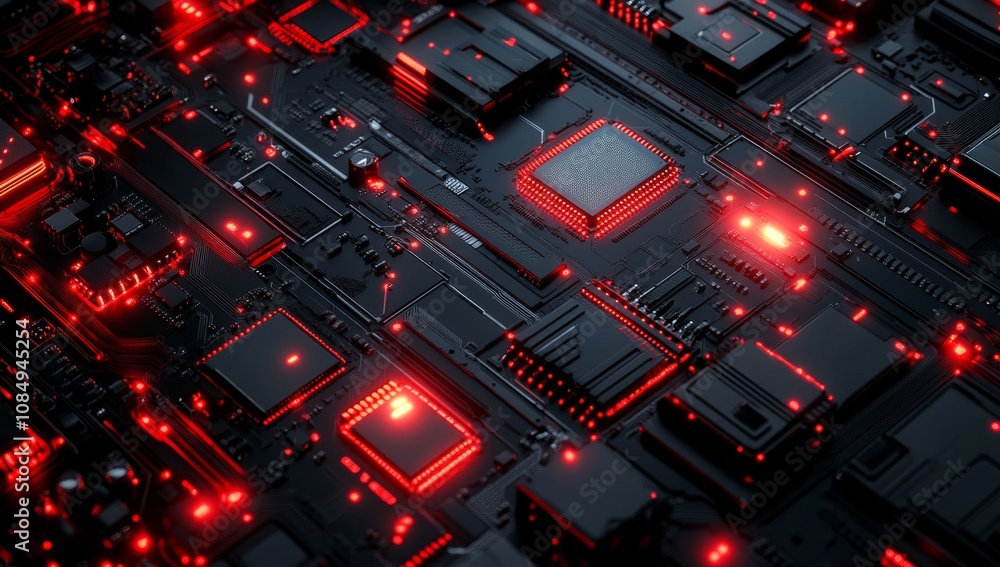 Poster a close up of a computer chip with red lights