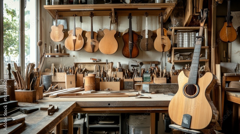 Poster A detailed corner in a workshop with tools for handcrafting musical instruments, including luthier tools and unfinished instruments