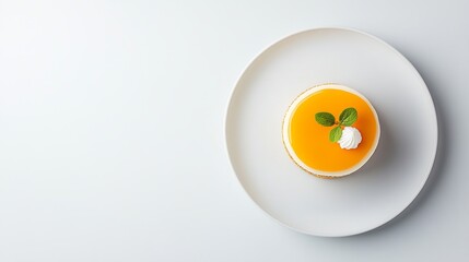 Elegant gold-leaf dessert on white plate overhead view.