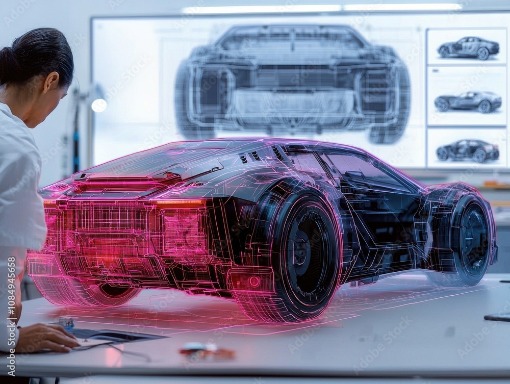 Poster innovative automotive design process futuristic lab model visualization high-tech environment close-