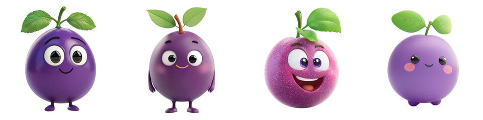 3D cartoon plum, playful character isolated on white background.  Collection Set Png.