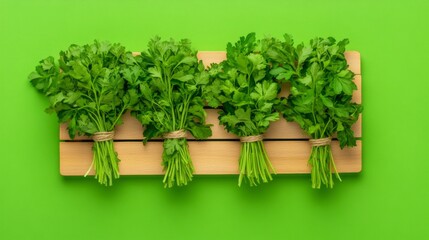 Fresh herbs drying on a wooden rack in a natural setting.