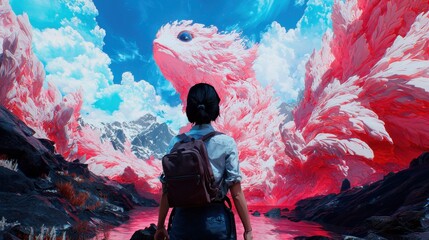 Epic encounter with a majestic creature remote landscape fantasy art vivid environment wide-angle view imagination and wonder