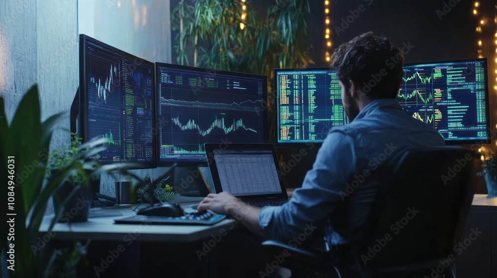 Aufkleber a person analyzing data on multiple screens in a dimly lit office environment.