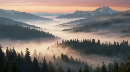 Fototapeta premium Ethereal mountain view with dense fog and peaceful natural scenery