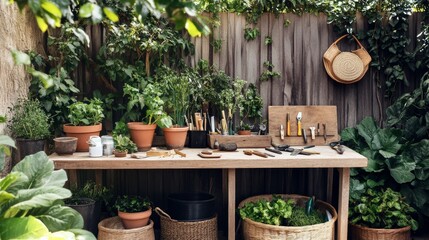 A detailed gardening station in a vibrant backyard, Gardening tools and pots neatly arranged, Minimalist horticultural style