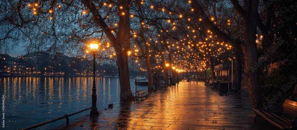Poster a romantic walkway along the river with string lights and a bench at the end.