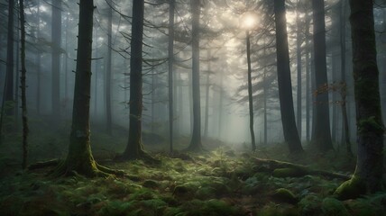 Fototapeta premium Ethereal mountain view with dense fog and peaceful natural scenery