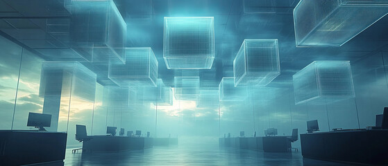 Fototapeta premium A futuristic office where cloud servers are represented as hovering transparent blocks above each worker desk, visualizing the seamless connectivity of the cloud