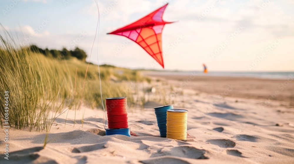 Poster a detailed kite flying setup on a breezy beach, kites and spools of string neatly organized, minimal