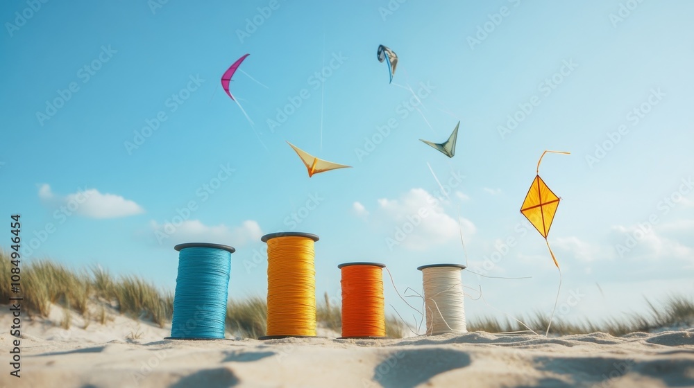 Poster a detailed kite flying setup on a breezy beach, kites and spools of string neatly organized, minimal
