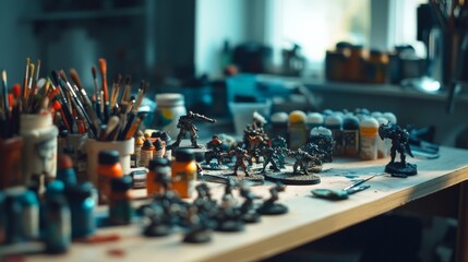 Obraz premium A detailed miniature painting setup in a well-lit room, Paints and tiny figurines systematically arranged, Intricate hobby style