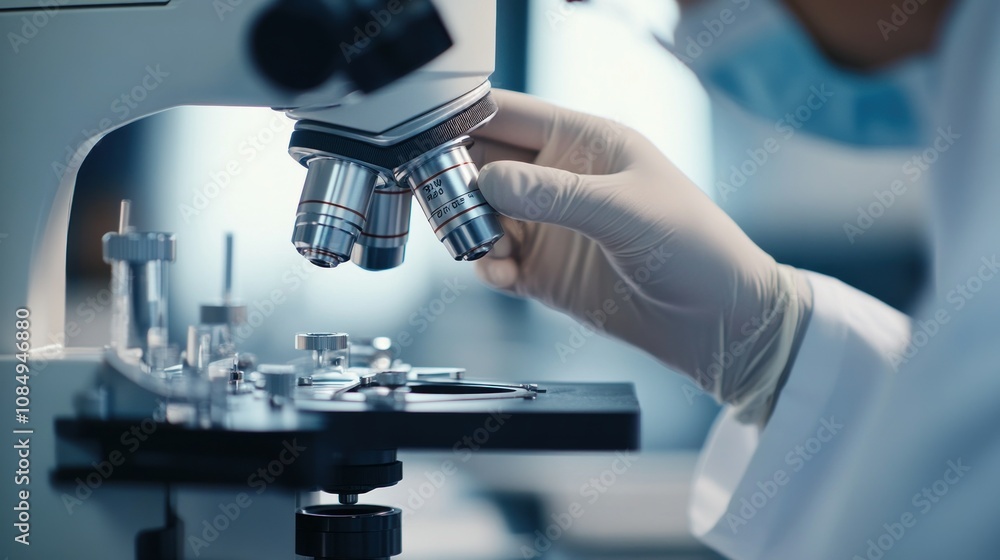 Poster close-up of a scientist adjusting a microscope lens